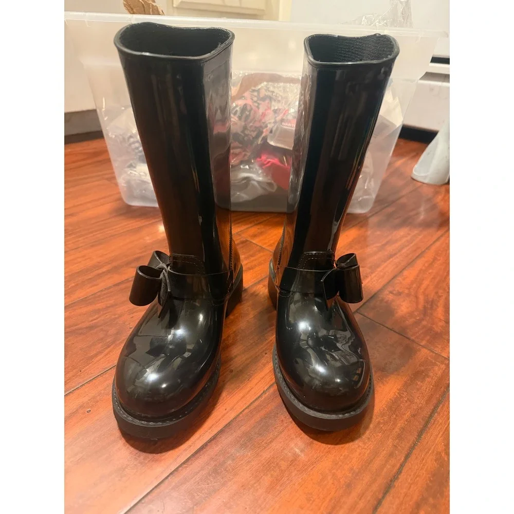 RED Valentino Black Patent Bow Rain Boots Mid Calf Buckle EU 37